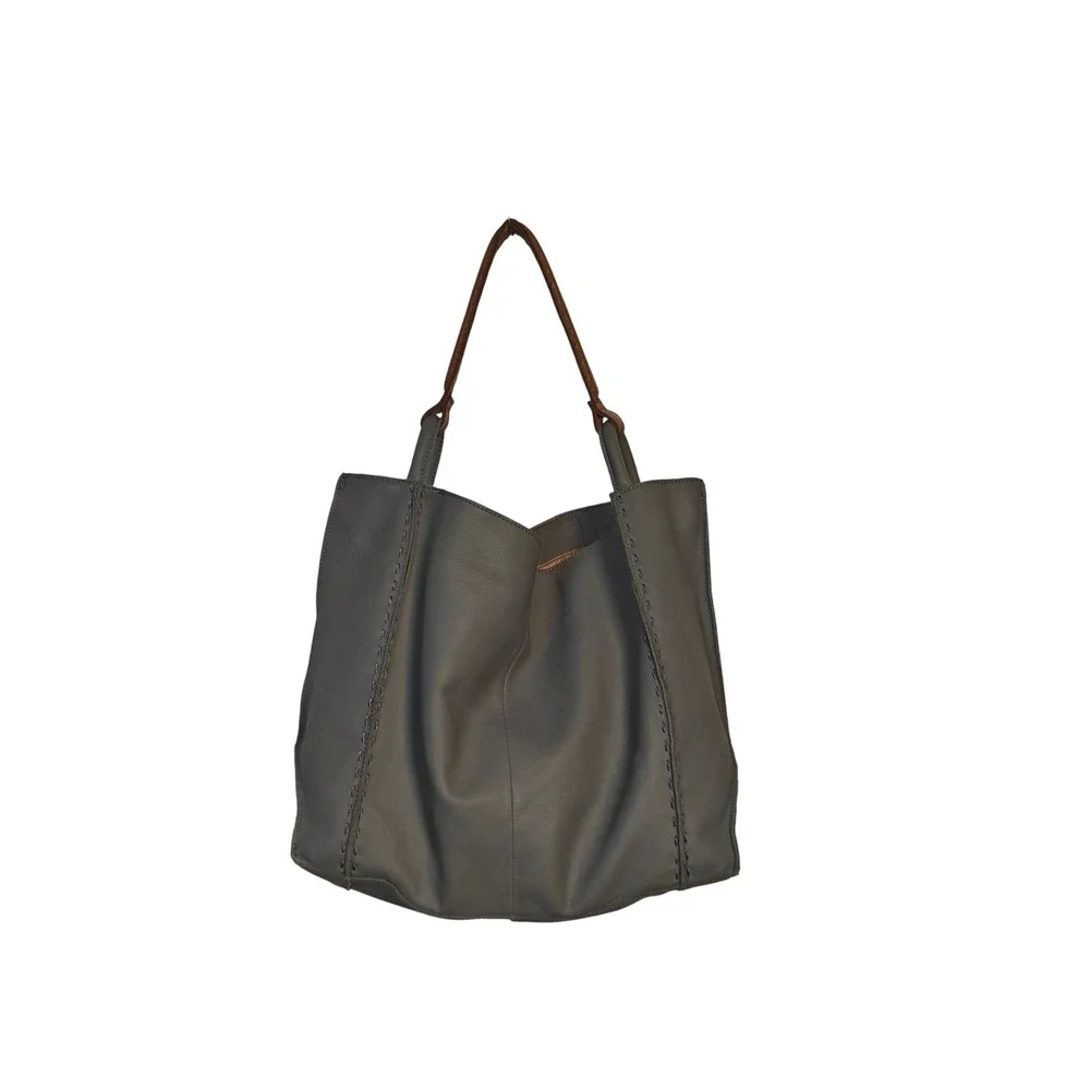 The Sak Grey Leather Tote Bag Whipstitch Hobo Shoulder Bag with Tassel Charm - Picture 2 of 8